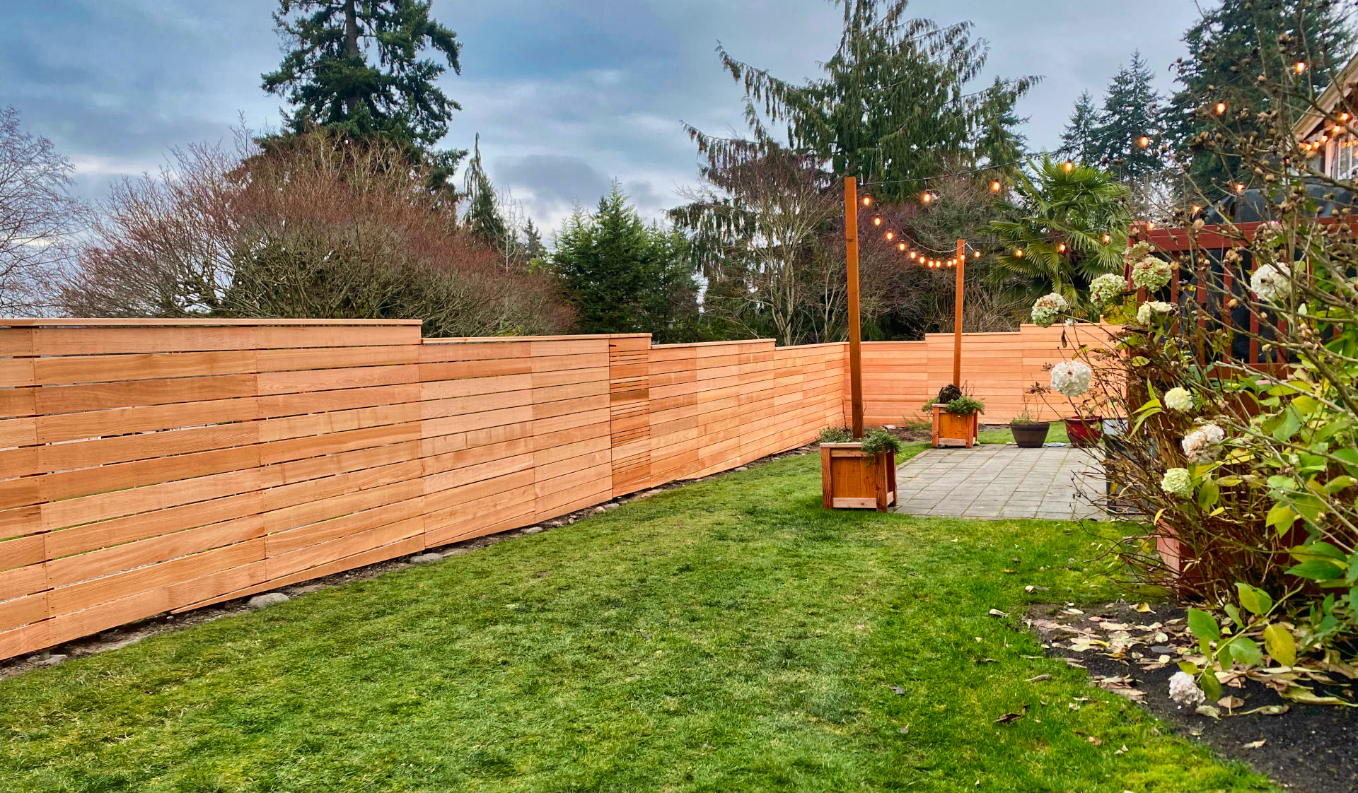 Cedar wood fence in Seattle yard with patio and decorative lights