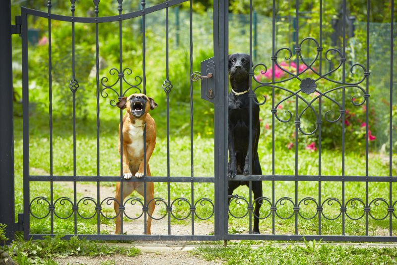 Two dogs barking behind a Wrought iron fence