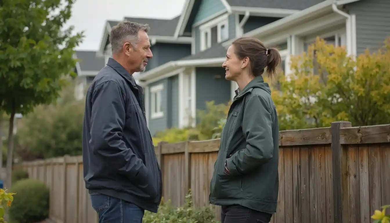 wo neighbors in a Seattle suburban setting, standing by a fence and having a calm, respectful conversation