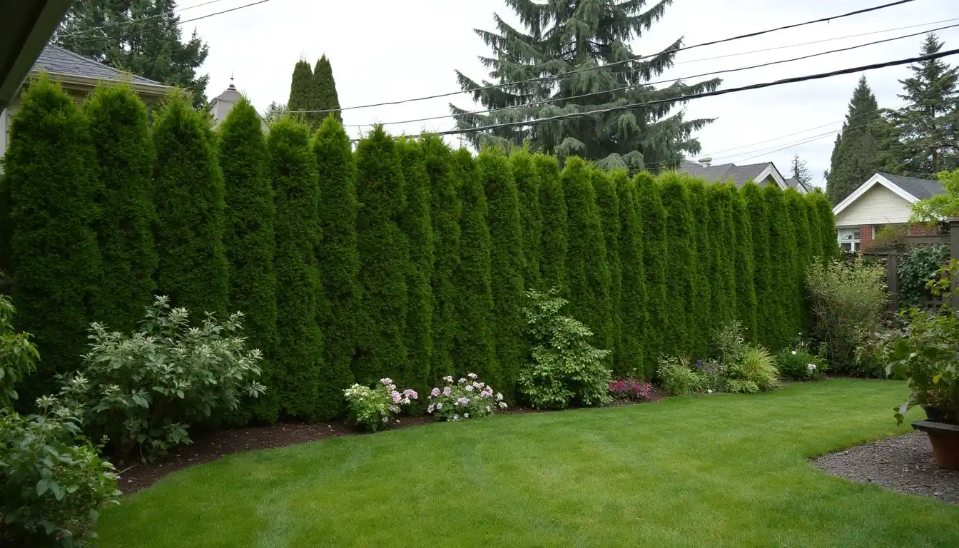 a lush living fence in a Seattle backyard, featuring tall, fast-growing shrubs like skip laurels and concolor firs