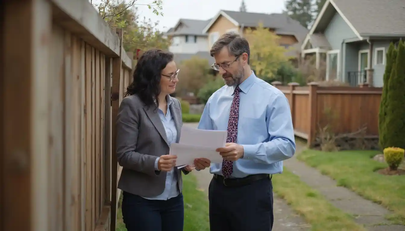 homeowner in Seattle reviewing legal documents with a local zoning official next to a fence.