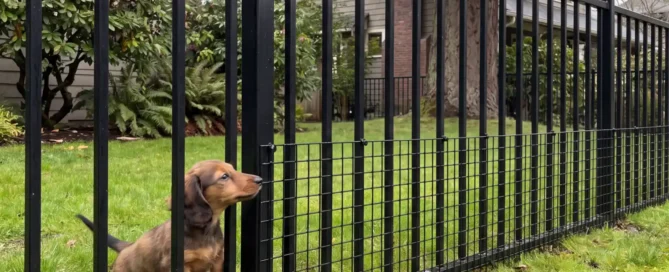 Small puppy behind a wrought iron fence puppy proofed with black welded wire