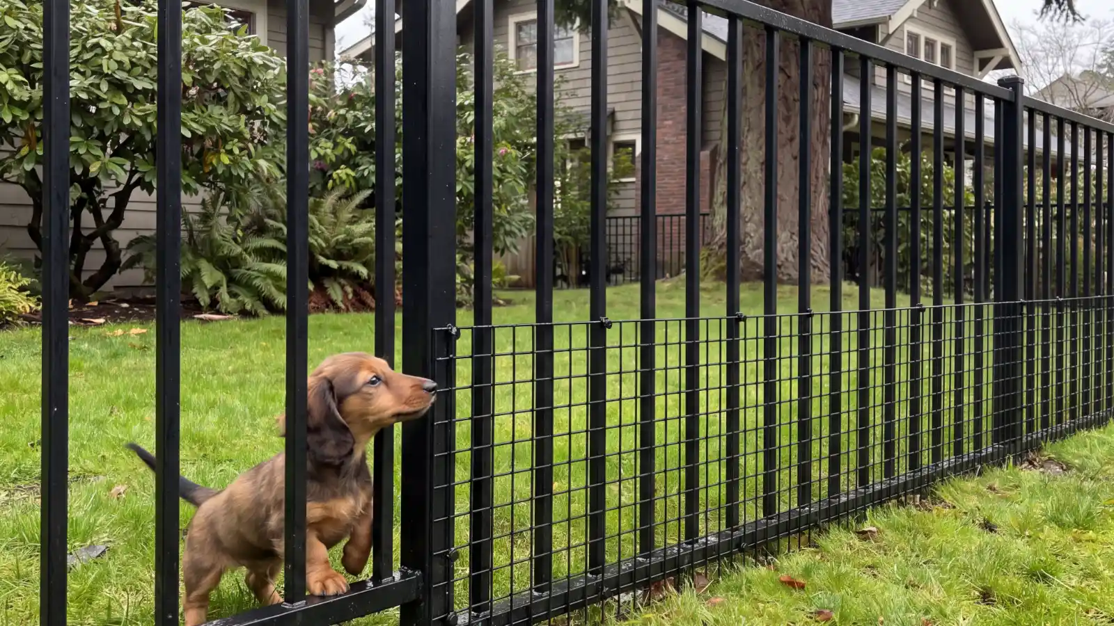 Small puppy behind a wrought iron fence puppy proofed with black welded wire