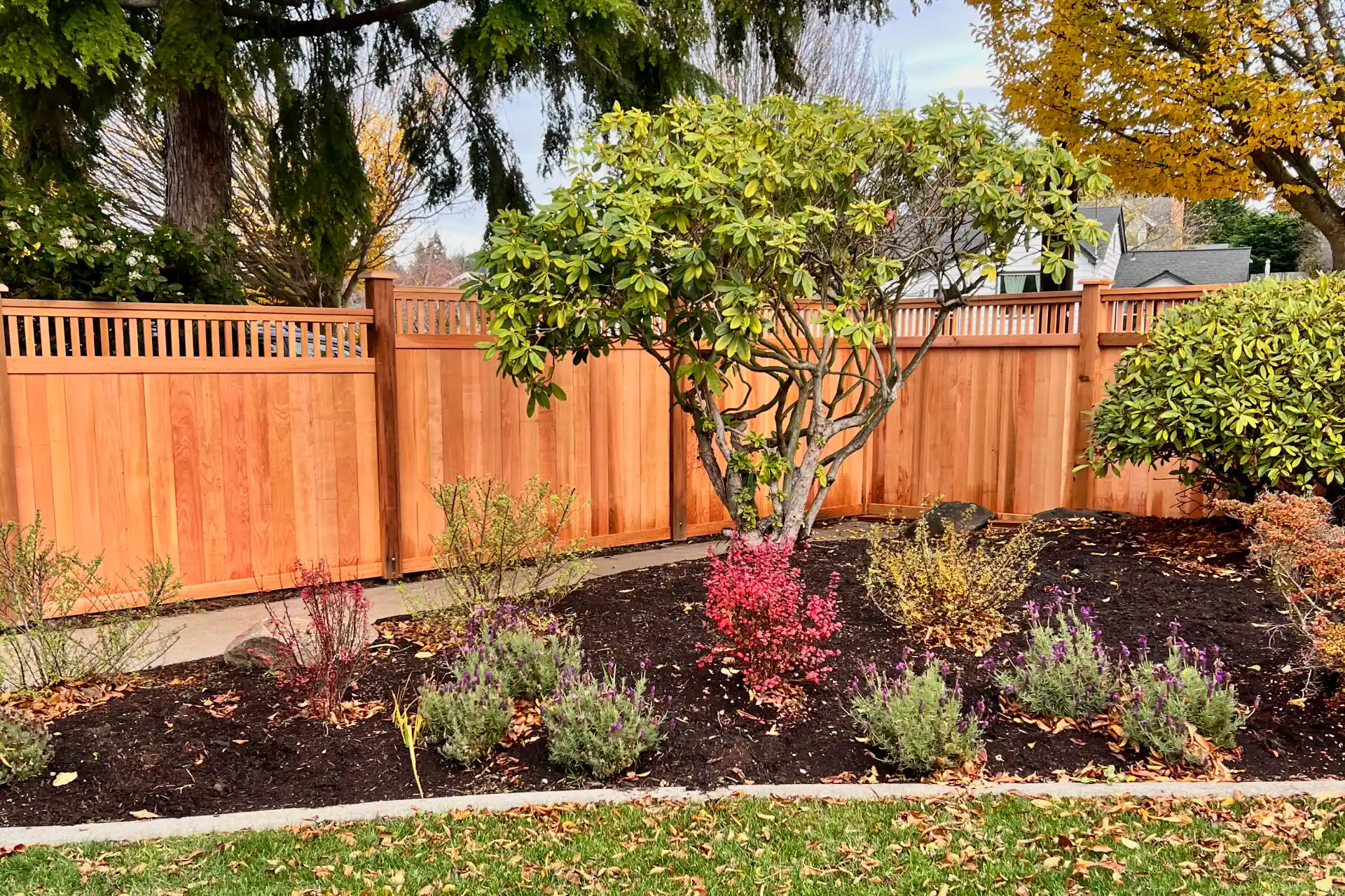 craftsman style cedar wood fence with garden and Pacific Northwest evergreen trees